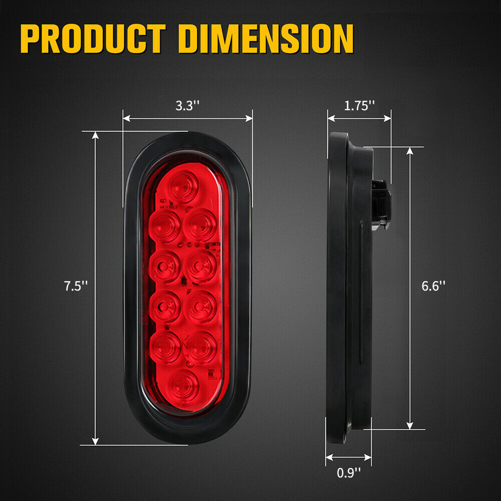 2Pcs 10 LED Trailer Truck Stop/Turn/Tail Brake Lights 6″ Oval Sealed Mount Red