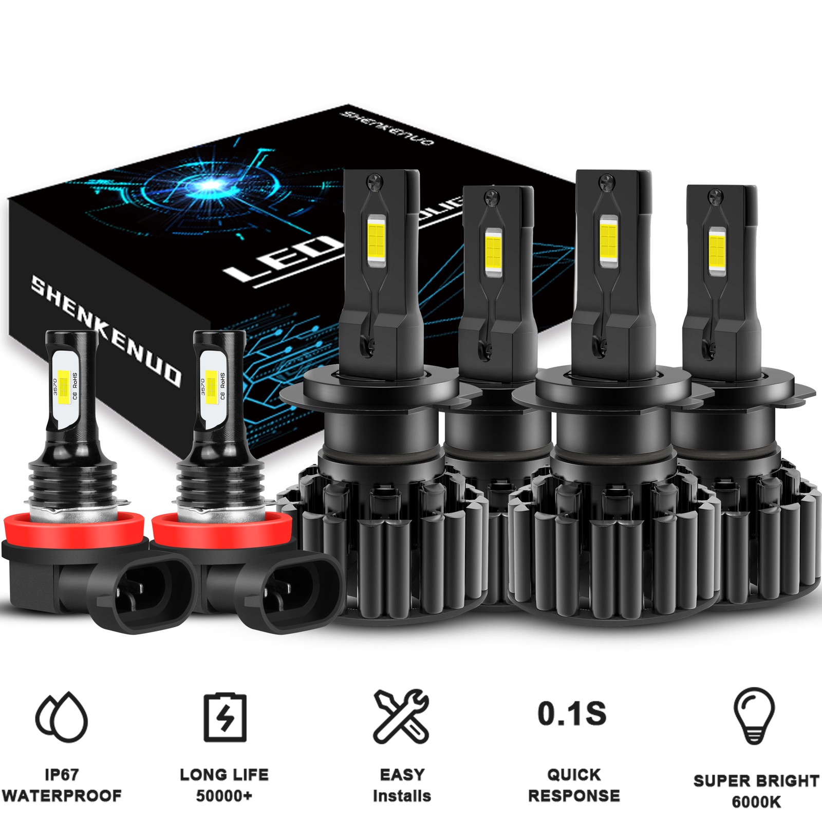 H7+H7+H11 Combo LED Headlight Bulb Hi/Lo Beam Fog Light 10000LM 6000K Lamp