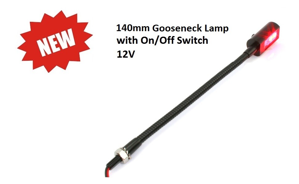 PilotLights Mini Gooseneck Panel Light with SWITCH, Map Light, 140mm RED – 12V