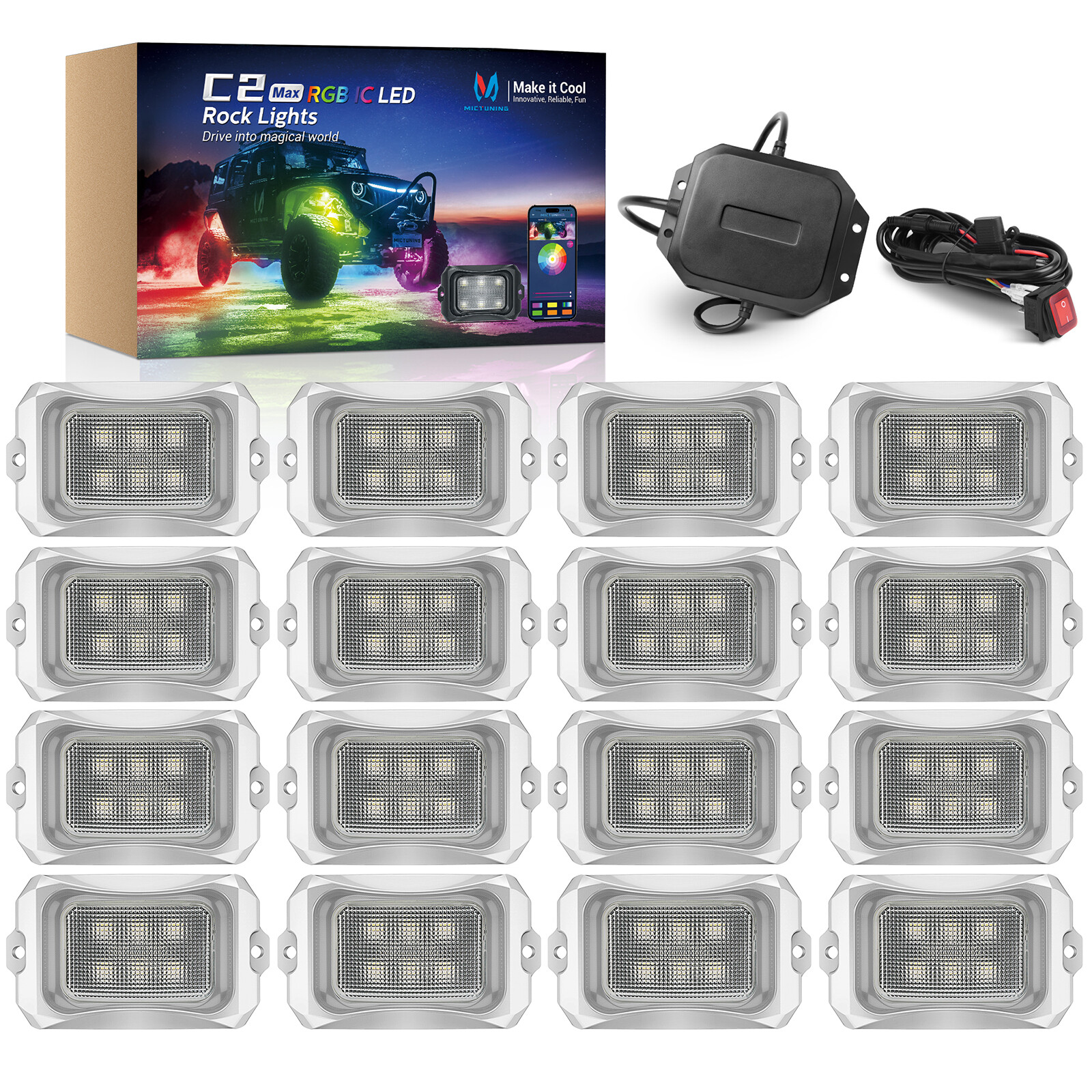 MICTUNING RGB/RGB+IC LED Rock Lights, 8/12/16/20 Pods Underglow Led Chasing Lamp