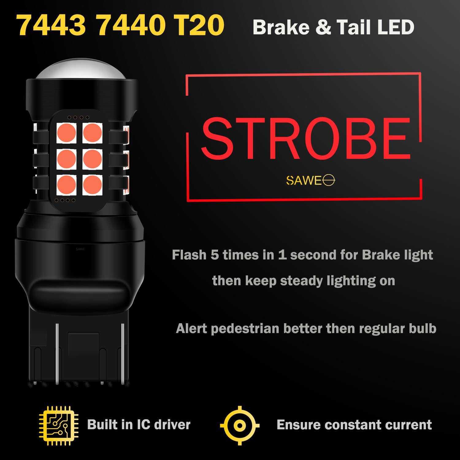 2x 7443 7440 7444 LED RED Flash Strobe Blinking Brake Stop light Bulbs For Honda