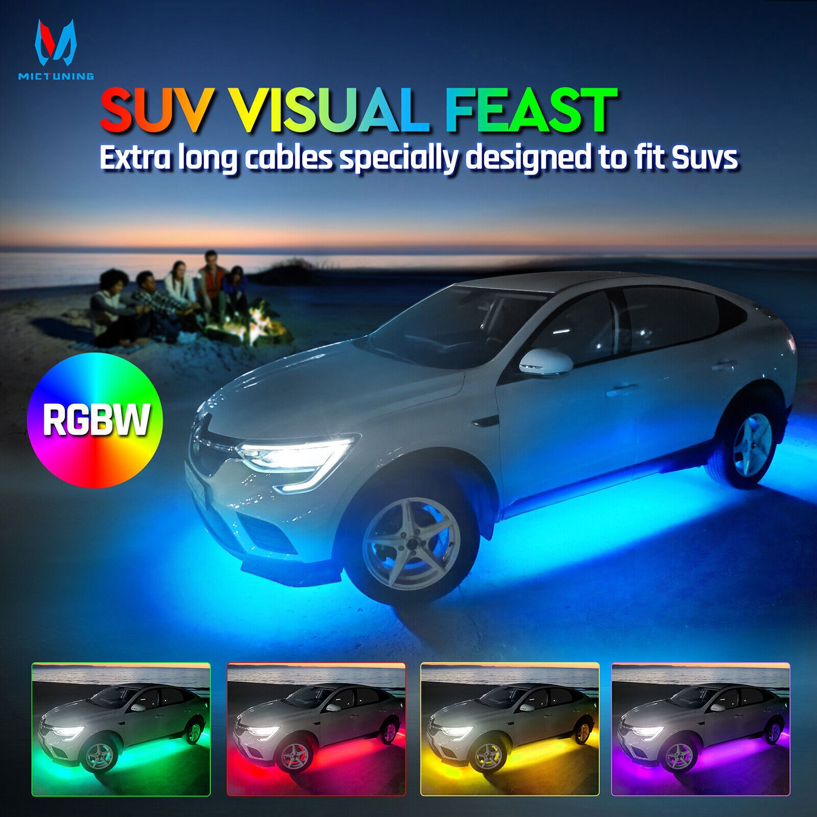 8pcs RGBW LED Underglow Lights Bar for SUV, LED Underbody Glow Neon Light Strips