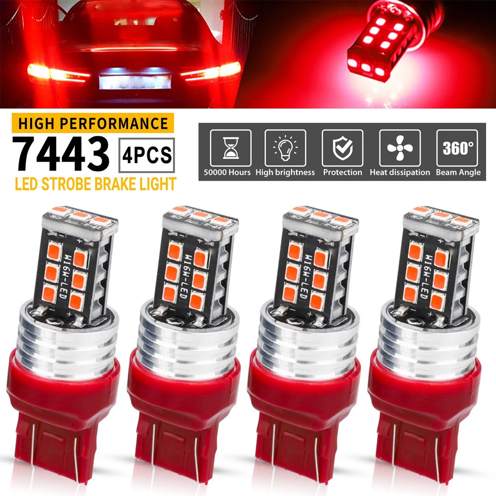 4PCS 7443 7440 LED Red Strobe Flash Blinking Brake Stop Tail Parking Light Bulbs