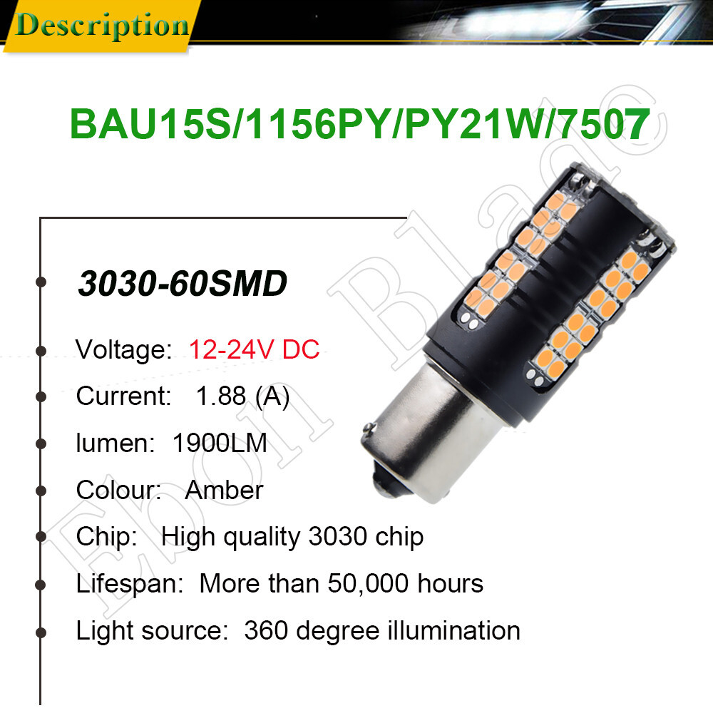 2 X CANBUS ERROR FREE BAU15S PY21W 7507 3030 60 LED AMBER TURN SIGNAL LAMP BULB