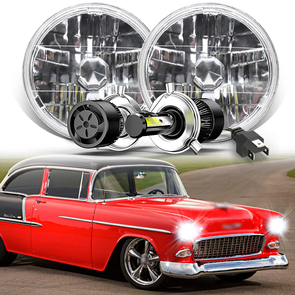 Pair 7INCH Round LED Headlights Hi/Lo for Chevy Bel Air 1955 1956 1957 HeadLamp
