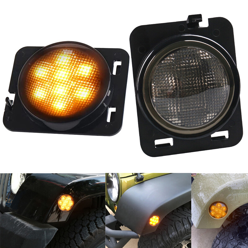 LED Side Marker Fender Lights Amber Smoked Lens For Jeep Wrangler JK 2007-2018