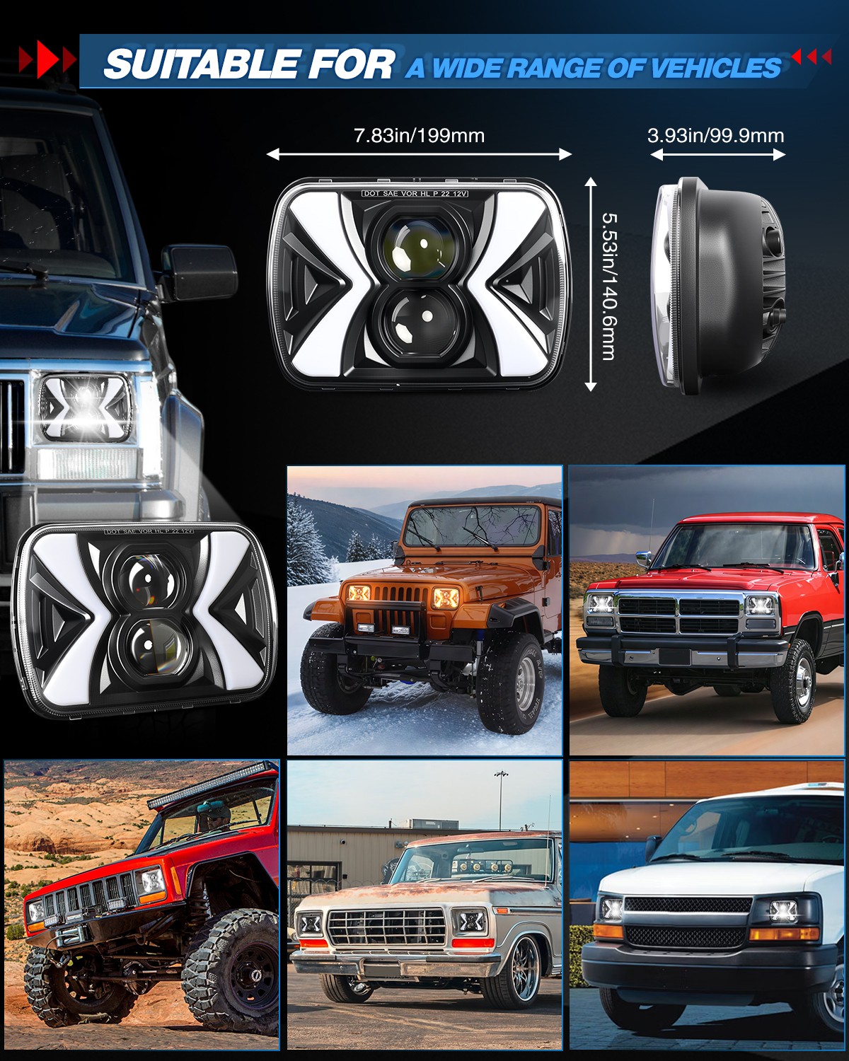 Ultra-bright 5X7″7×6″ inch Rectangle LED Hi/Lo Beam Headlight DRL 180W Headlamps