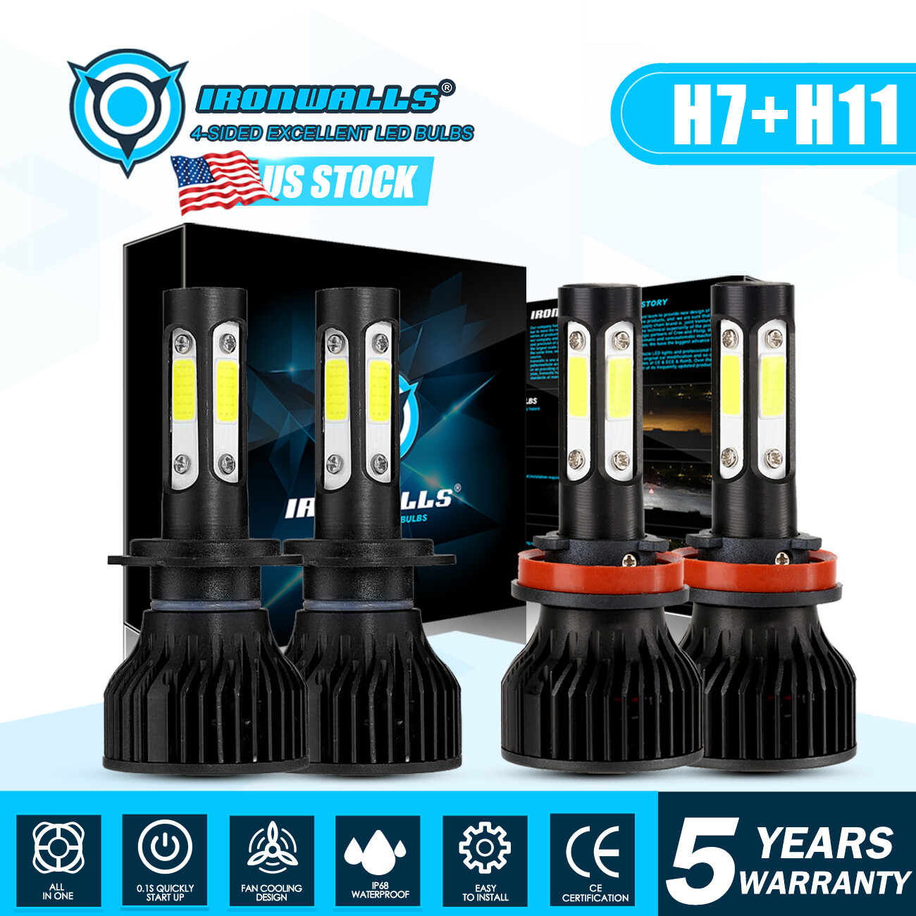 4-sides Combo H11 H7 LED Headlight Bulb High Low Beam Super Bright 6000K White