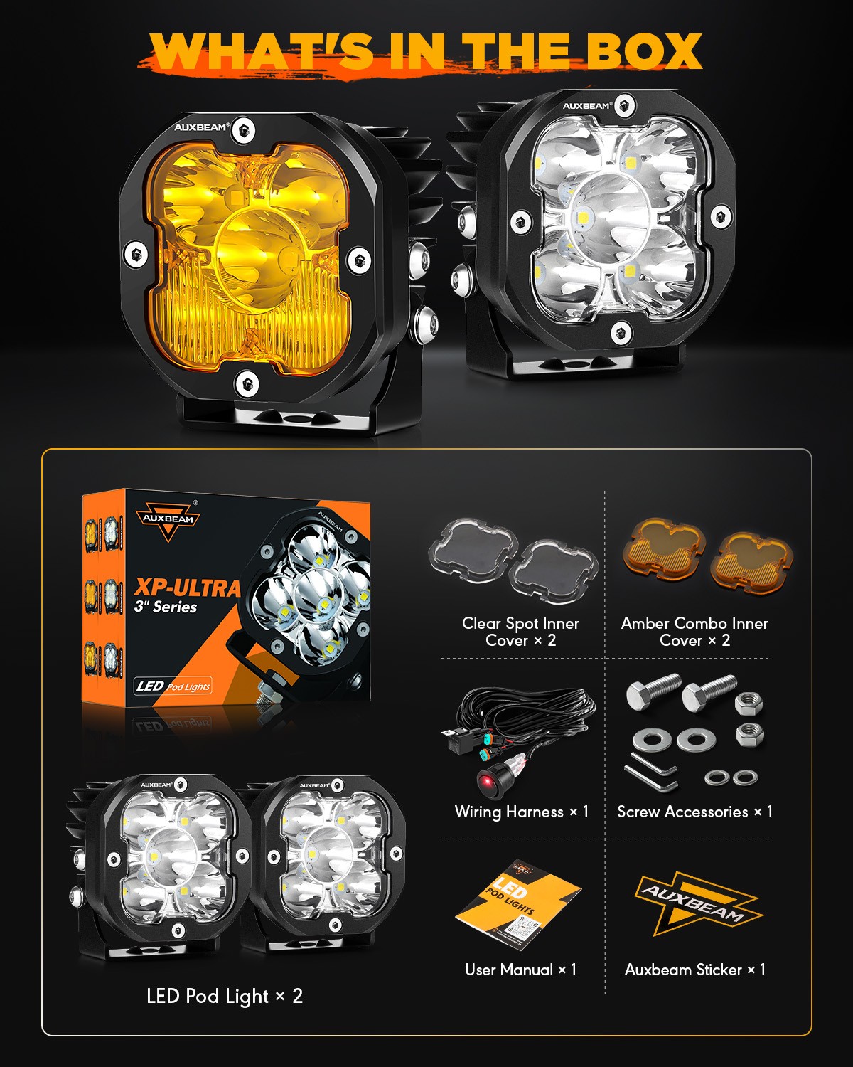 AUXBEAM 3″ LED Work Light Bar Cube Pods Driving Fog Ditch Lights + Covers Shield
