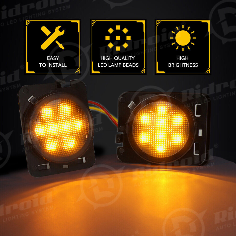 Front Smoke Lens LED Turn Signal + Fender Flare Side Light For Jeep Wrangler JK