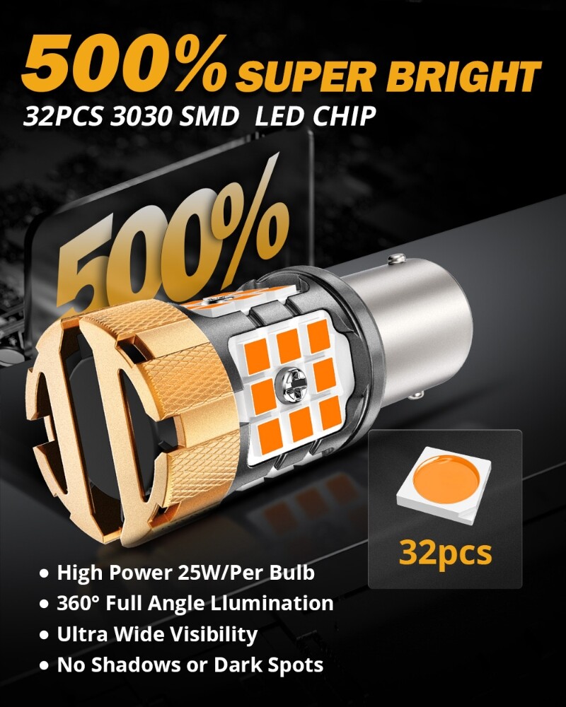 AUXBEAM 1156 LED Turn Signal Light Bulb Canbus Error Free 3000K Amber 50W 8000LM