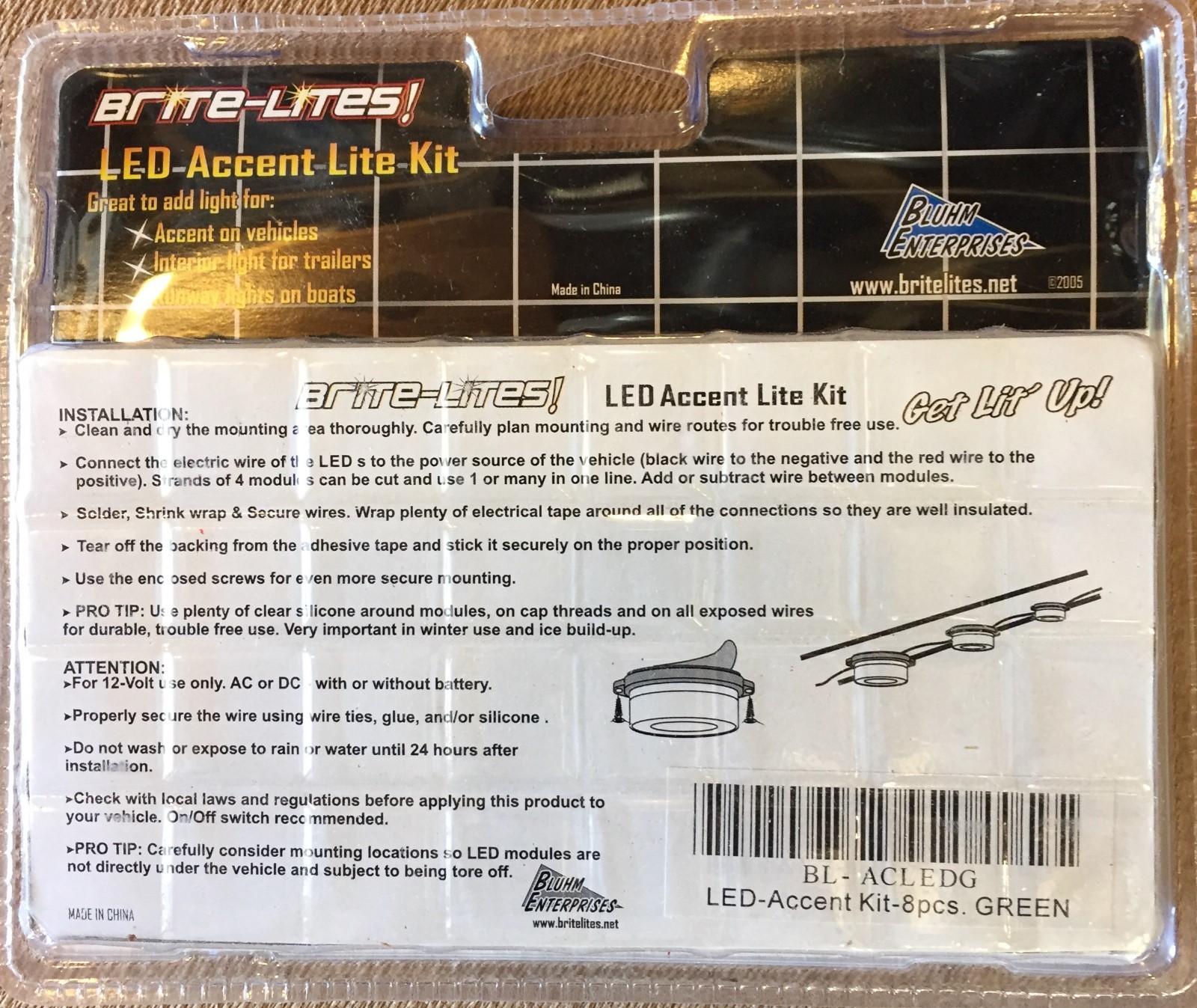 BRITE-LITES GREEN LED ACCENT KIT, 12VDC, 8 MODULES WITH 5 LED’S EACH
