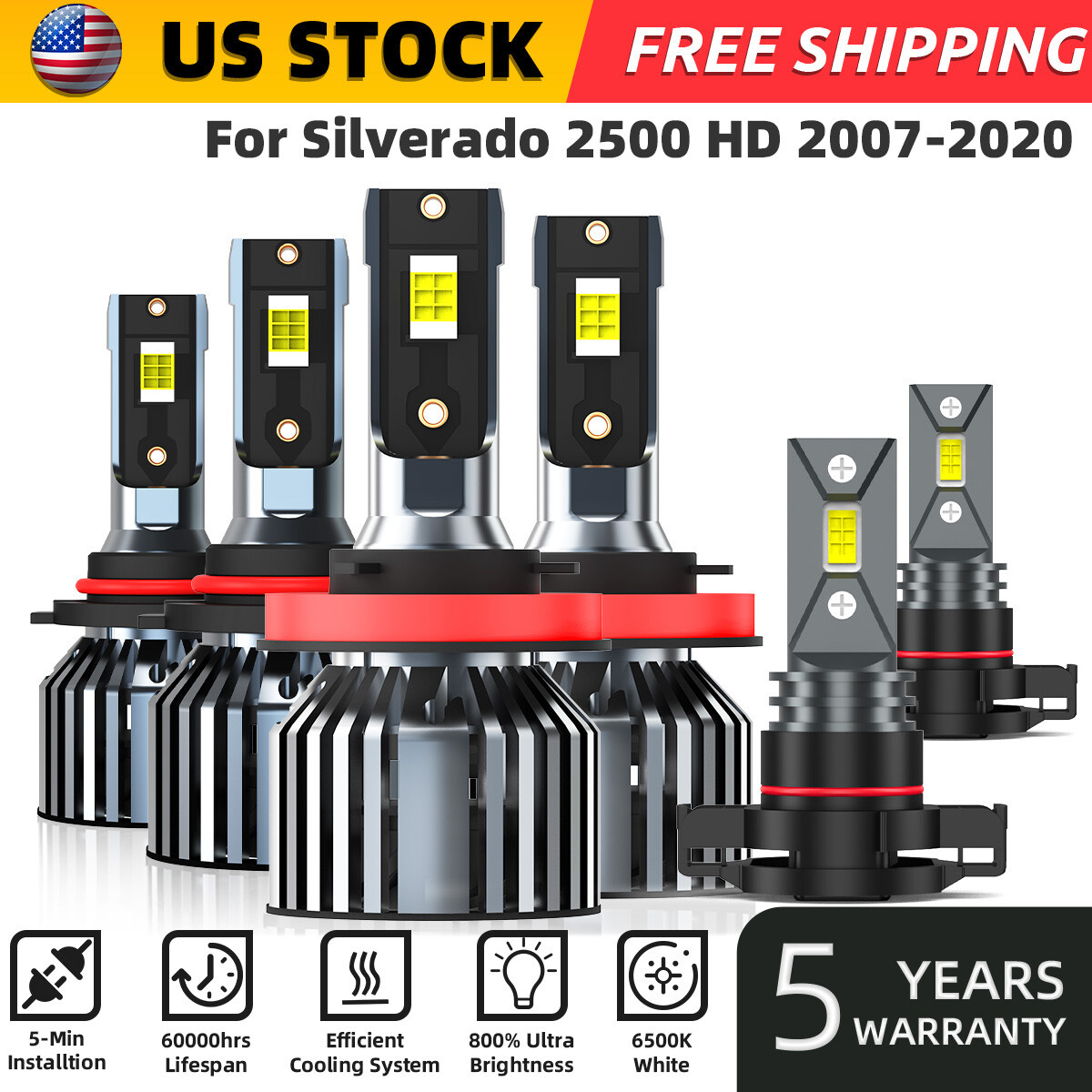 For Chevy Silverado 2500 HD 2007-20 LED Headlight Bulbs High Low Beam Fog Light