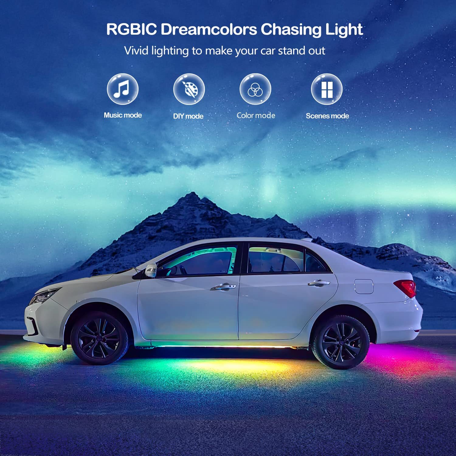 Flowing Dream Color RGB LED Strip Under Car Underglow Underbody Light Kit APP