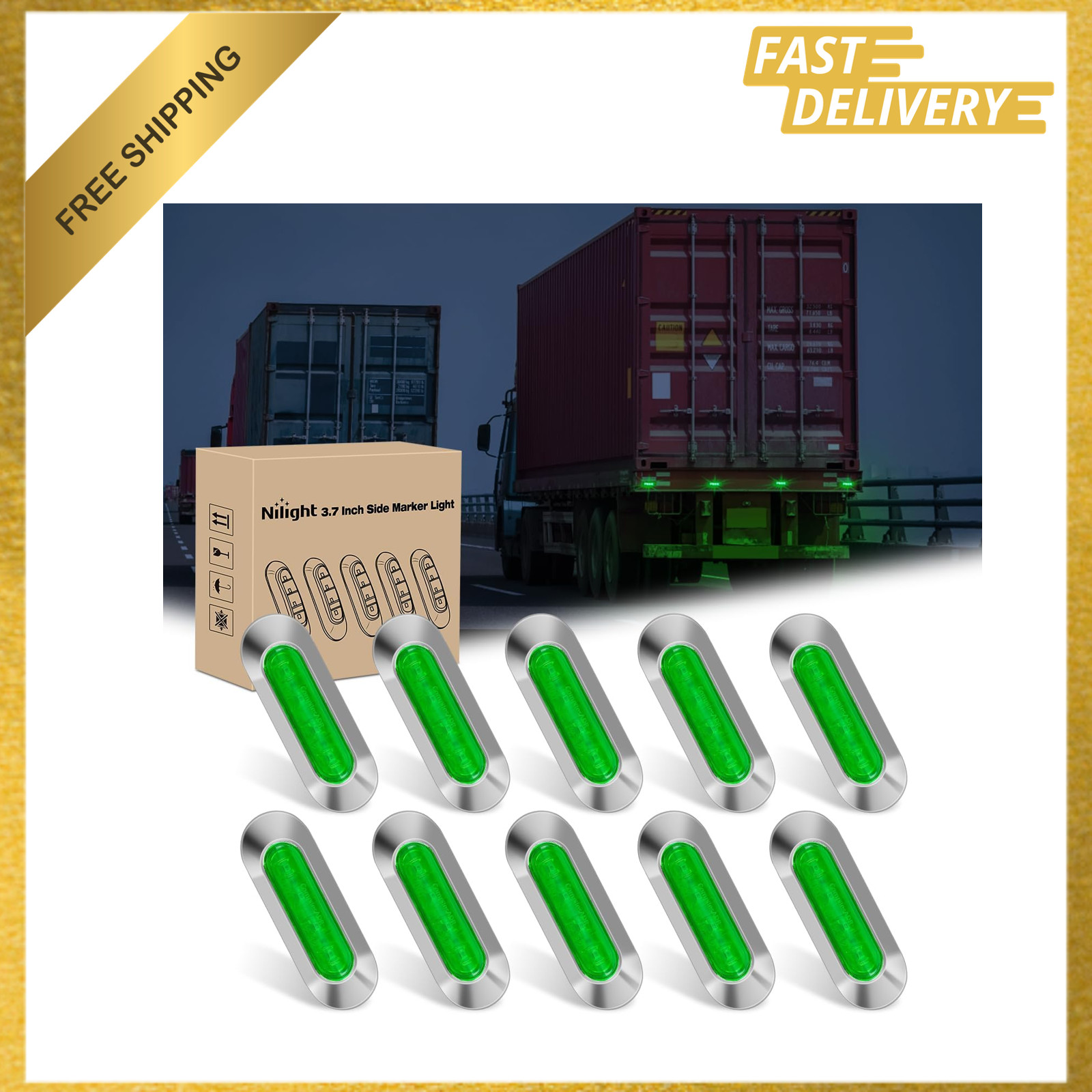 10PCS Green Oval Side Marker Lights 4 LED 3.7 Inch Waterproof DC 12-24V for Car