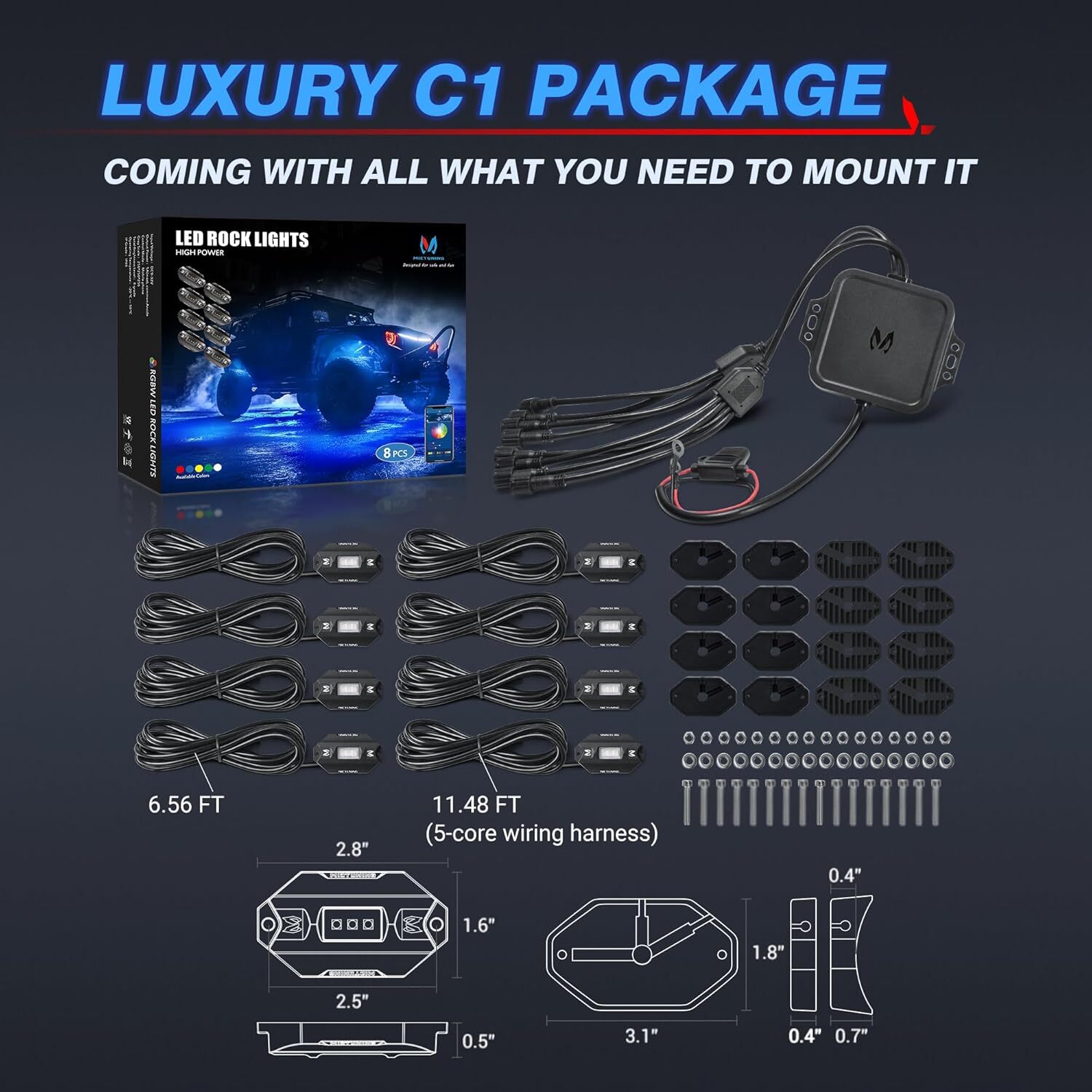 MICTUNING RGB LED Rock Lights 8 pods Under Car Truck Neon Lights Music Bluetooth