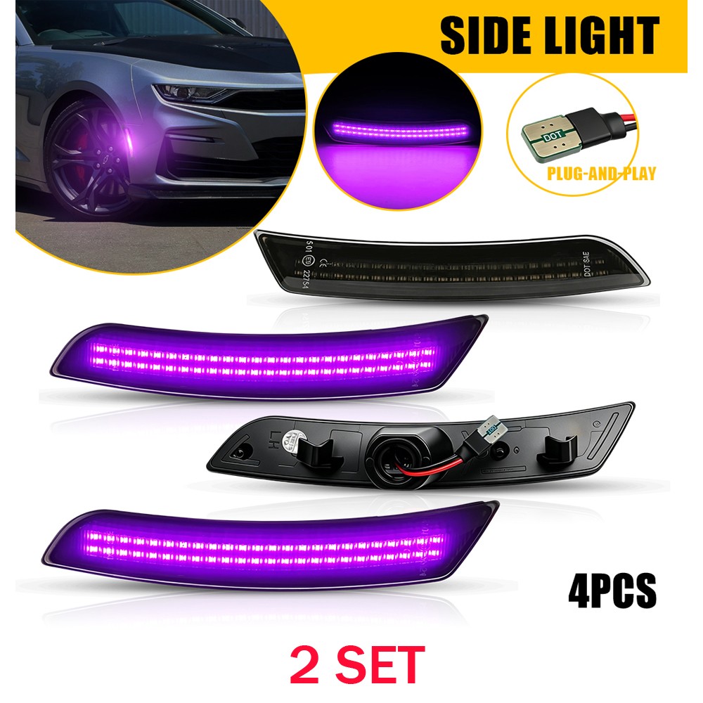 8X Smoked LED Side Marker Bumper Lights Purple Lamps Fits Chevy Camaro 2016-2023