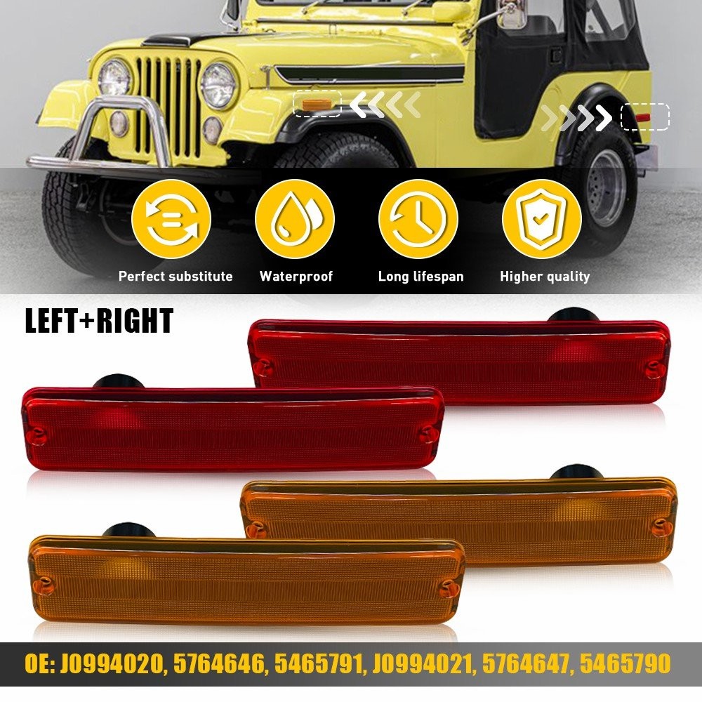 4PC Front Rear Side Marker Light Amber Red Lens For Jeep Cherokee J10 Pickup CJ5