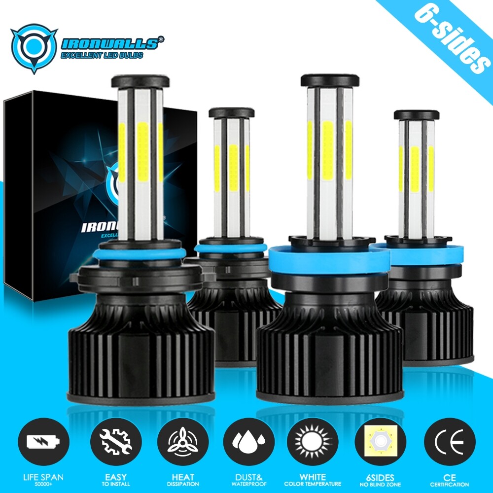 6-sides LED Headlight Bulbs Combo Kit 9005 H11 High Low Beam Bright White 6500K