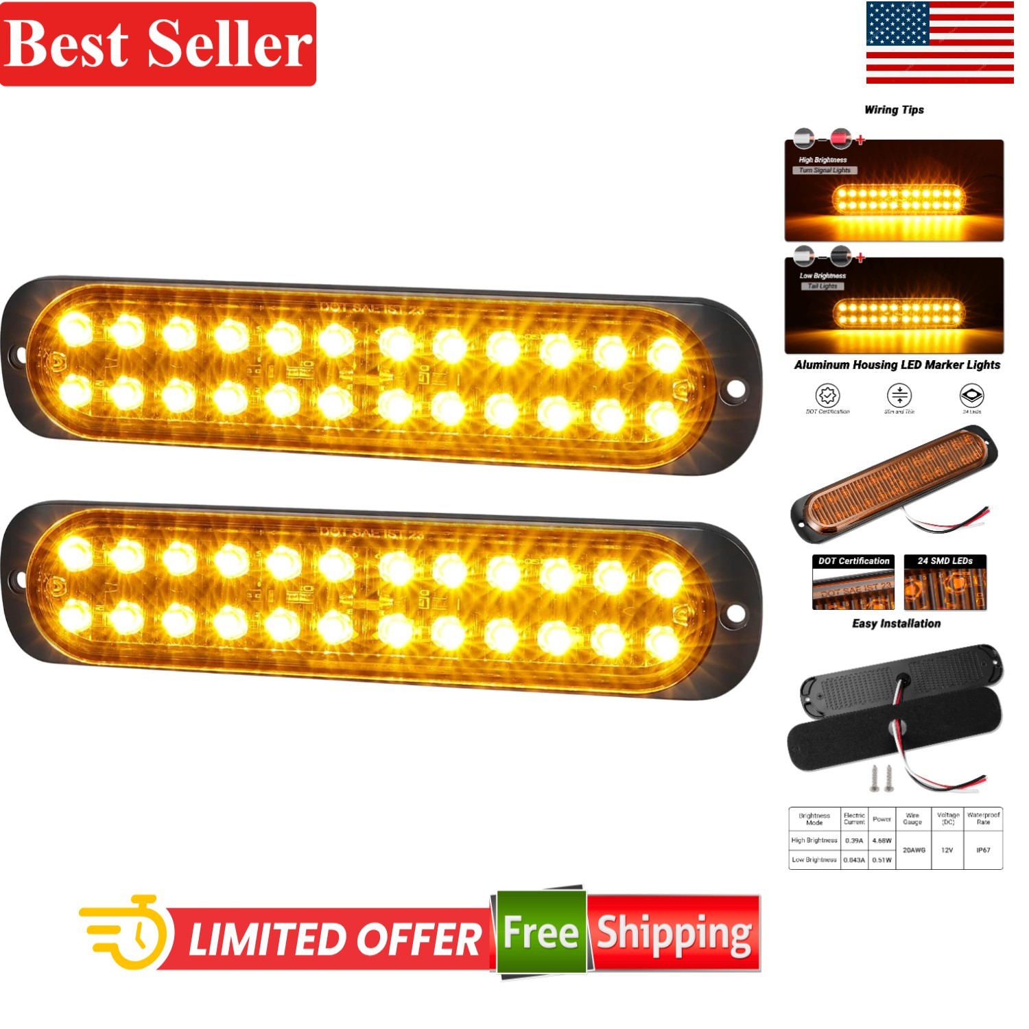 LED Trailer Side Marker Turn Signal Light 7.5 Inch Aluminum Housing Amber 24 …