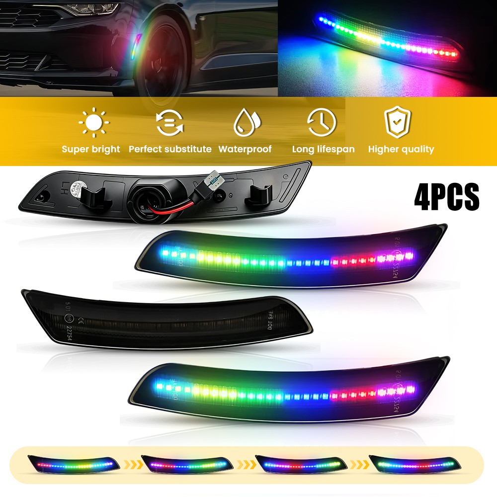 20896549 Fit 16-23 Chevy Camaro Smoked LED Side Marker Colorful Flowing Light 4X