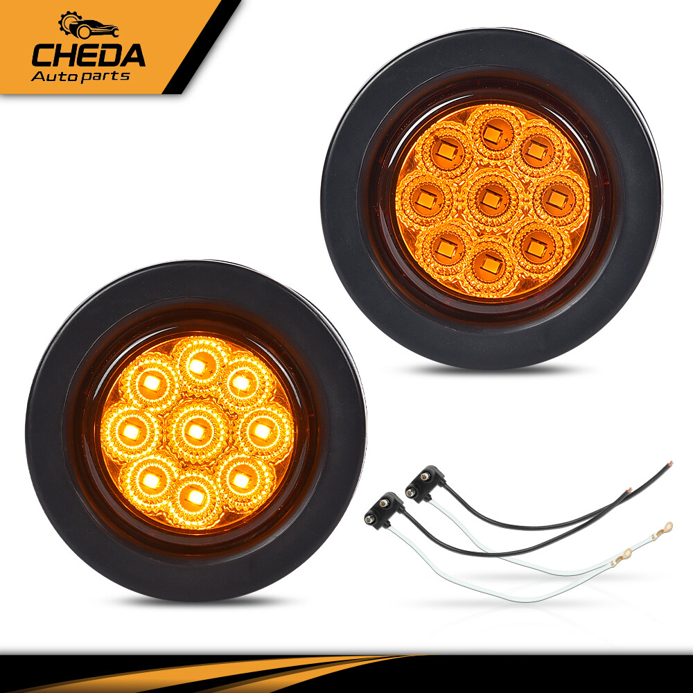 2x Amber 2″ Inch Round 9-LED Side Marker Clearance Lights Truck Trailer Lamp 12V