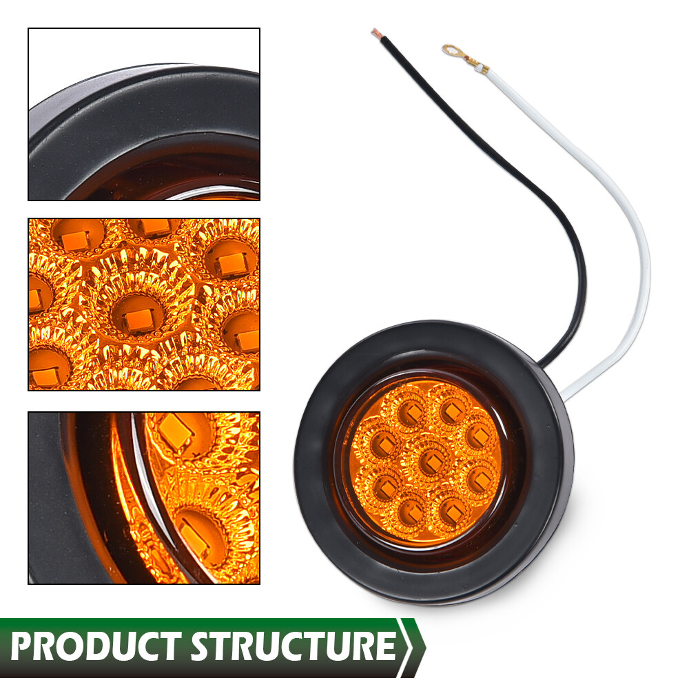 2x Amber 2″ Inch Round 9 LED Side Marker Clearance Lights Truck Trailer Lamp 12V