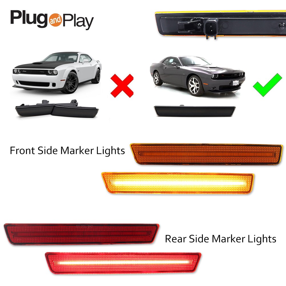 Amber & Red Lens LED Side Marker Lights Fits 15-23 Dodge Challenger Front + Rear