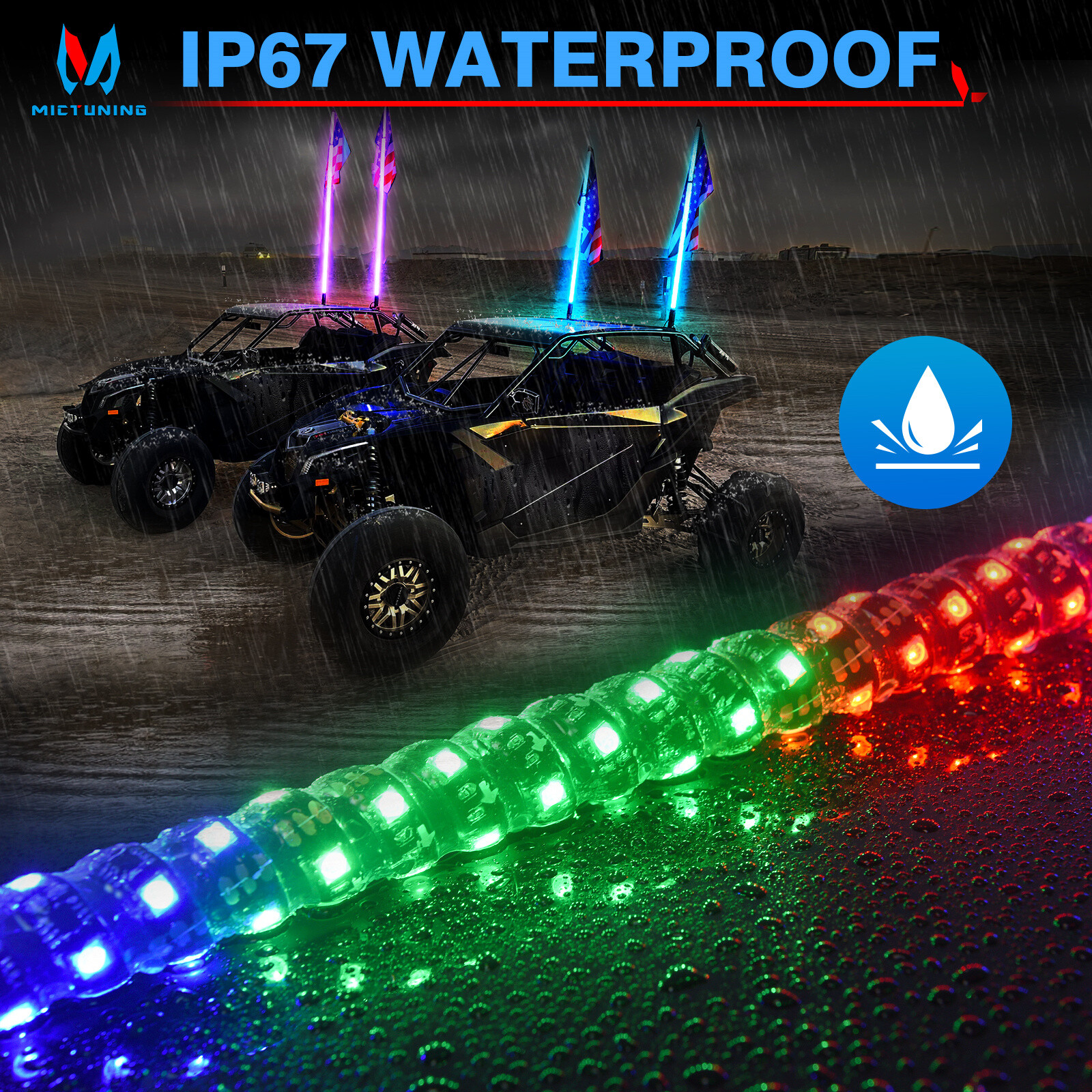 1Pair 3ft/4ft RGB-IC LED Whip Lights 360° Antenna Flow Lamp w/Remote For UTV ATV