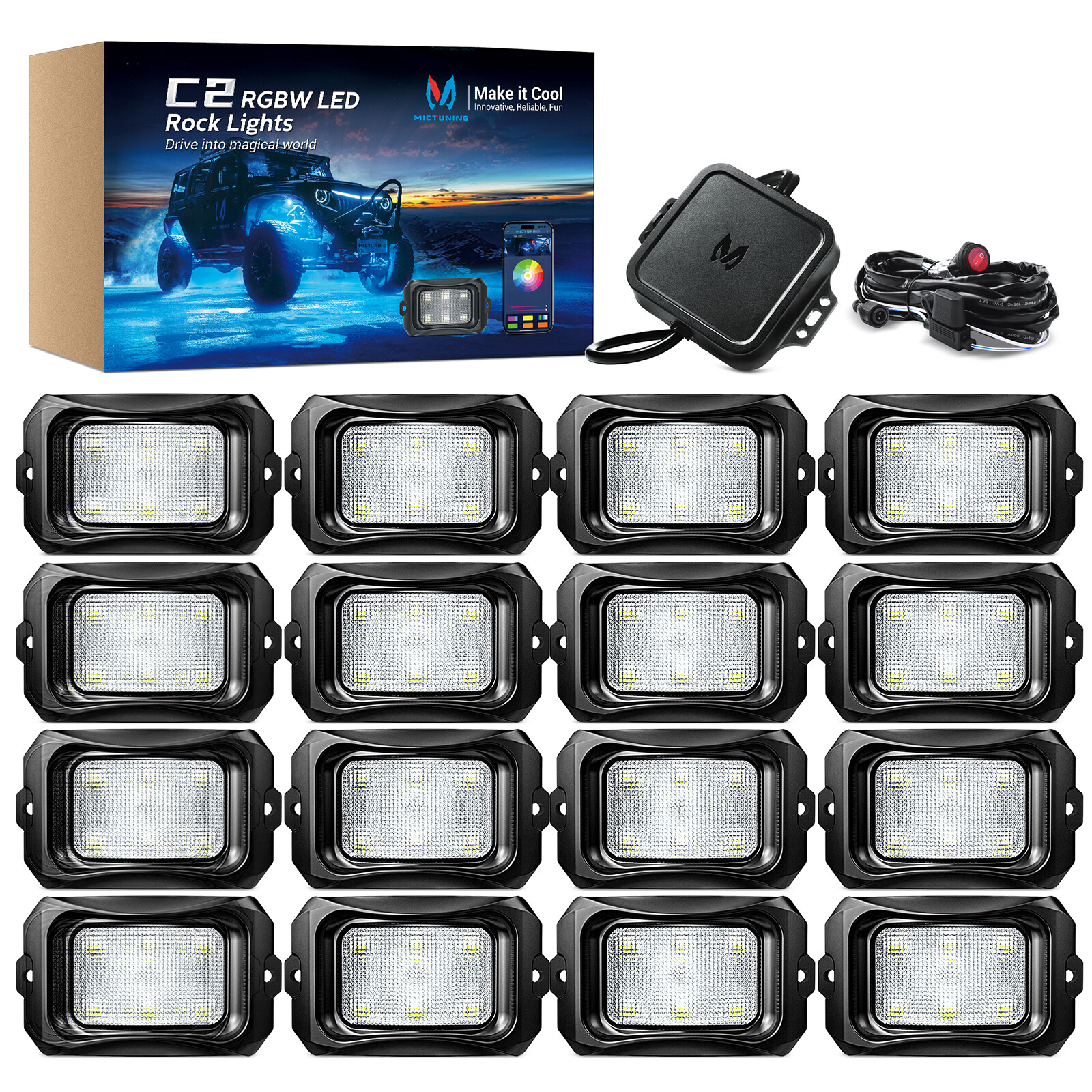 MICTUNING 16 Pods Q1 RGBW LED Rock Lights,Multicolor Underglow Remote Controller