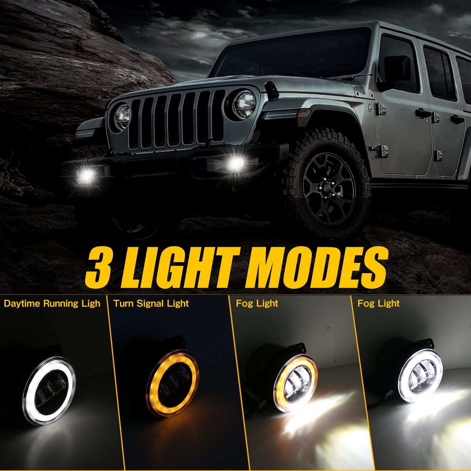4“ Round LED Fog Lights Driving Halo Combo Kit For Jeep Wrangler JK TJ LJ Dodge