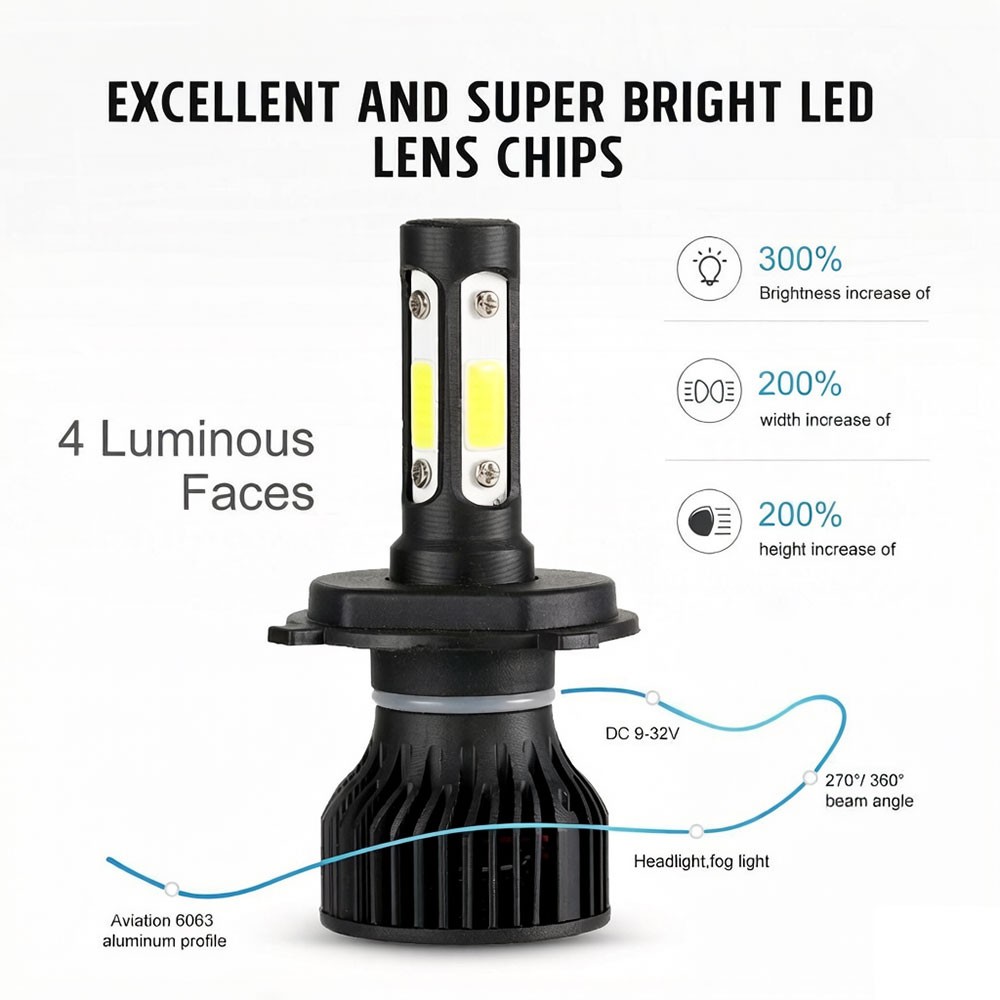 4-sides 9003 HB2 H4 Super White 2800000LM Kit LED Headlight Bulbs High Low Beam