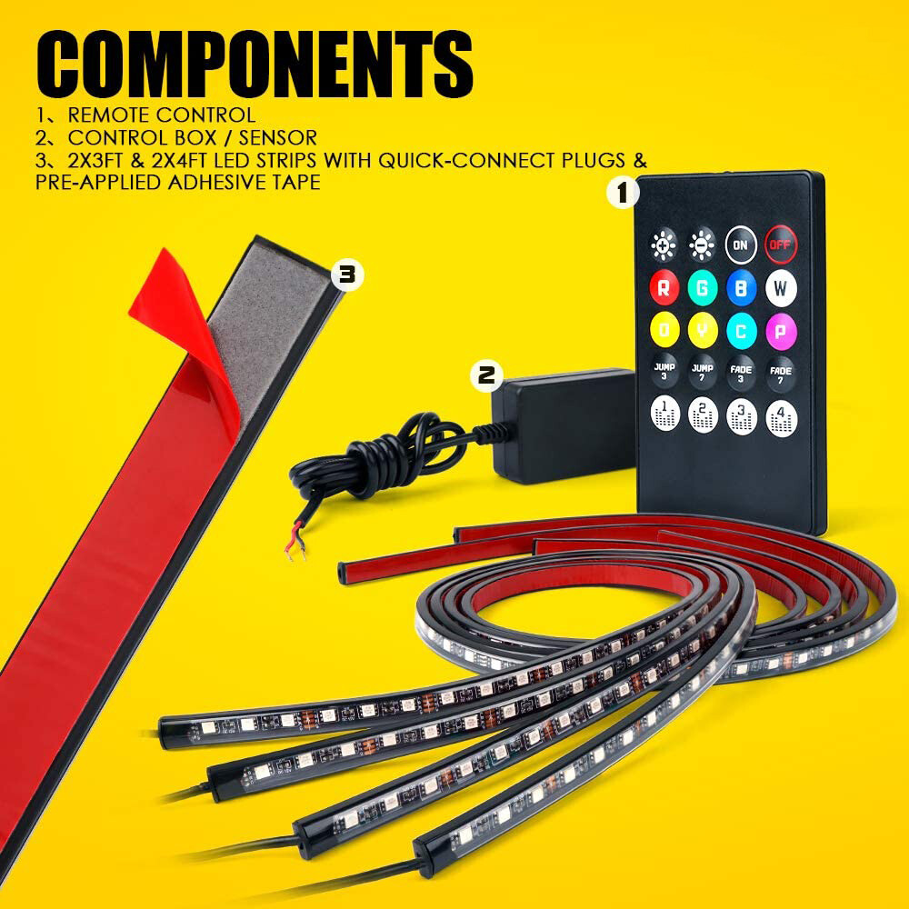 4X RGB LED Strip Under Car Tube Underglow Underbody Remote Control Neon Lights