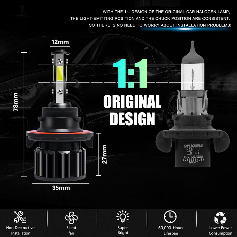4-sides 9008 H13 LED Headlight Bulbs Conversion Kit High Low Beam 6500K Bright