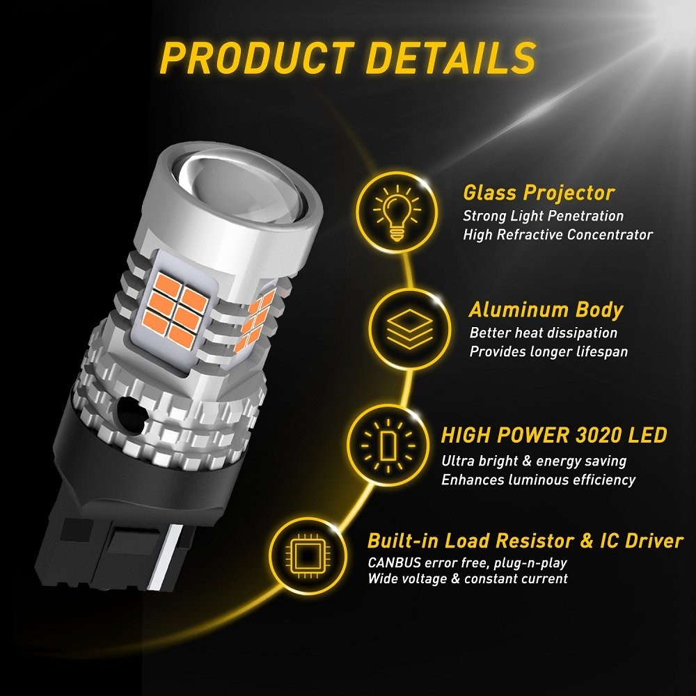 Pair Amber Yellow 7440 W21W T20 LED Turn Signal Light Bulb 3020SMD Chips AUXITO