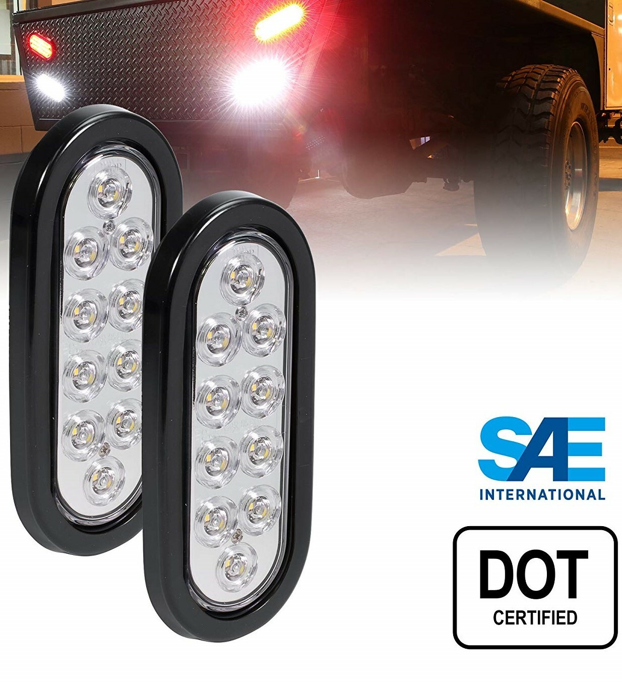 2 – Oval 6″ Clear/White Oval 10 LED Trailer Truck Stop Turn Tail Lights 12V
