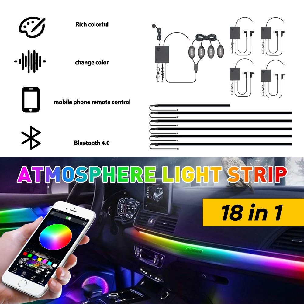 18 in1Car LED Ambient Light Strip APP Remote Atmosphere Interior LED Acrylic RGB