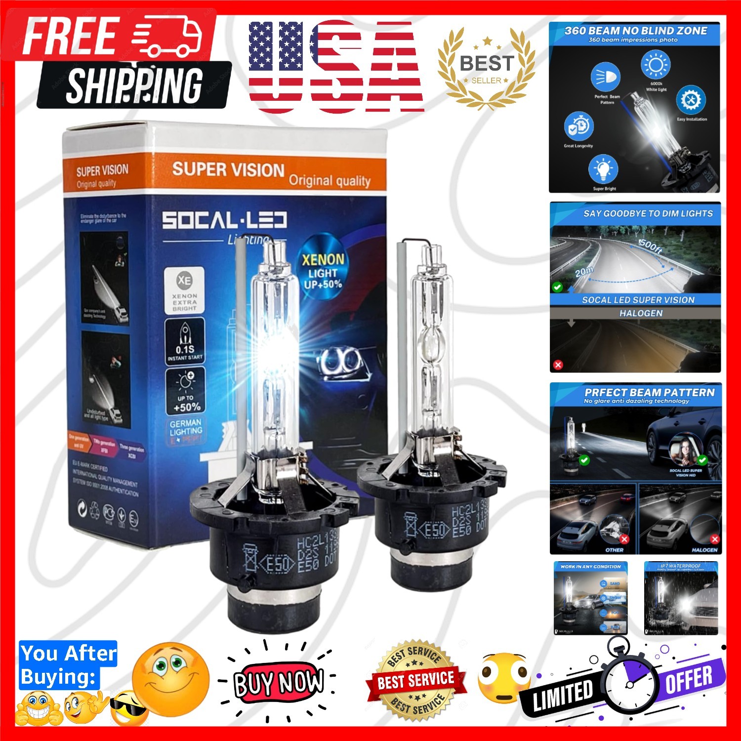D2S 35W Xenon HID Headlight Bulbs – 8000K Ice Blue – 66040 66240 85122 OEM Hi…