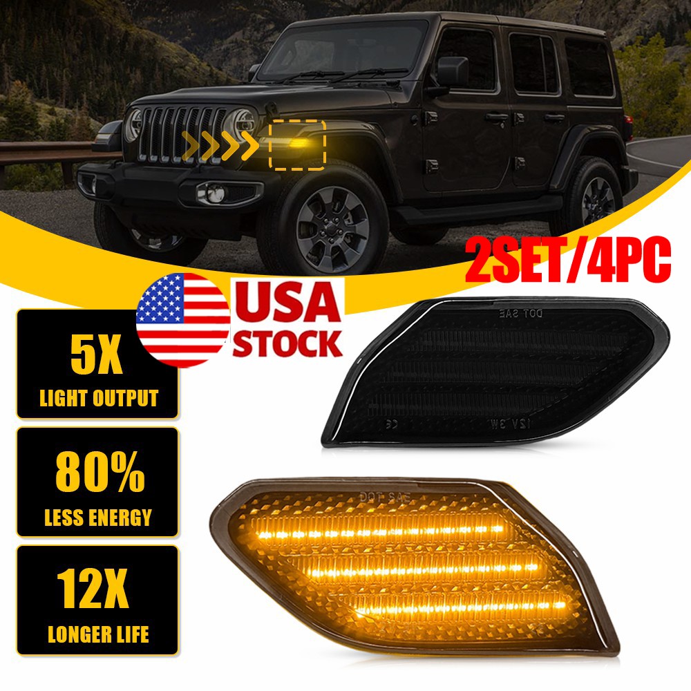 4PC Smoked Lens LED Side Marker Light Fender For 2018-26 Jeep Wrangler Gladiator