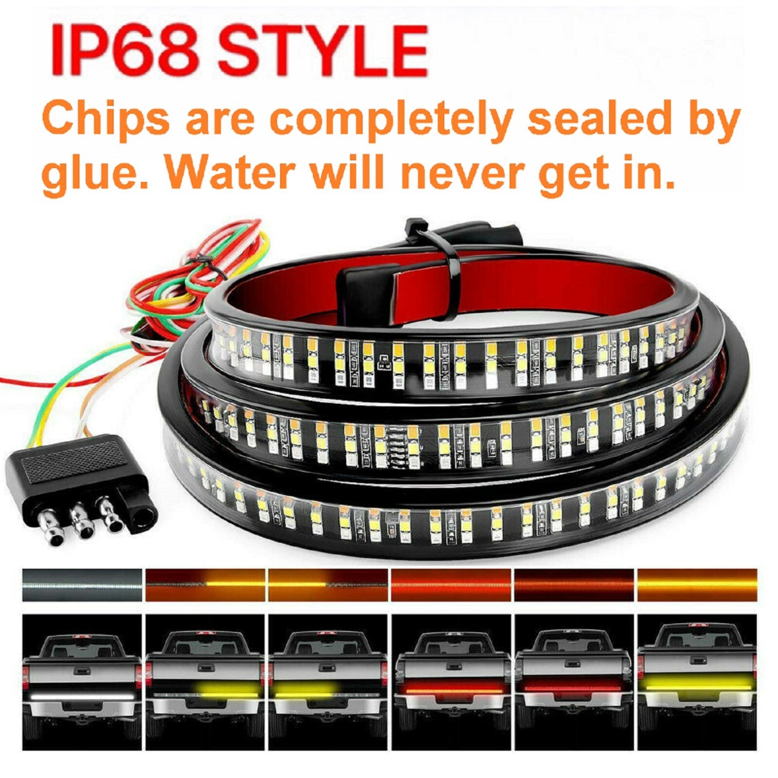 LED Strip Orange 3 Row Tailgate Light G Truck Turn Signal Bed Brake Stop Backup