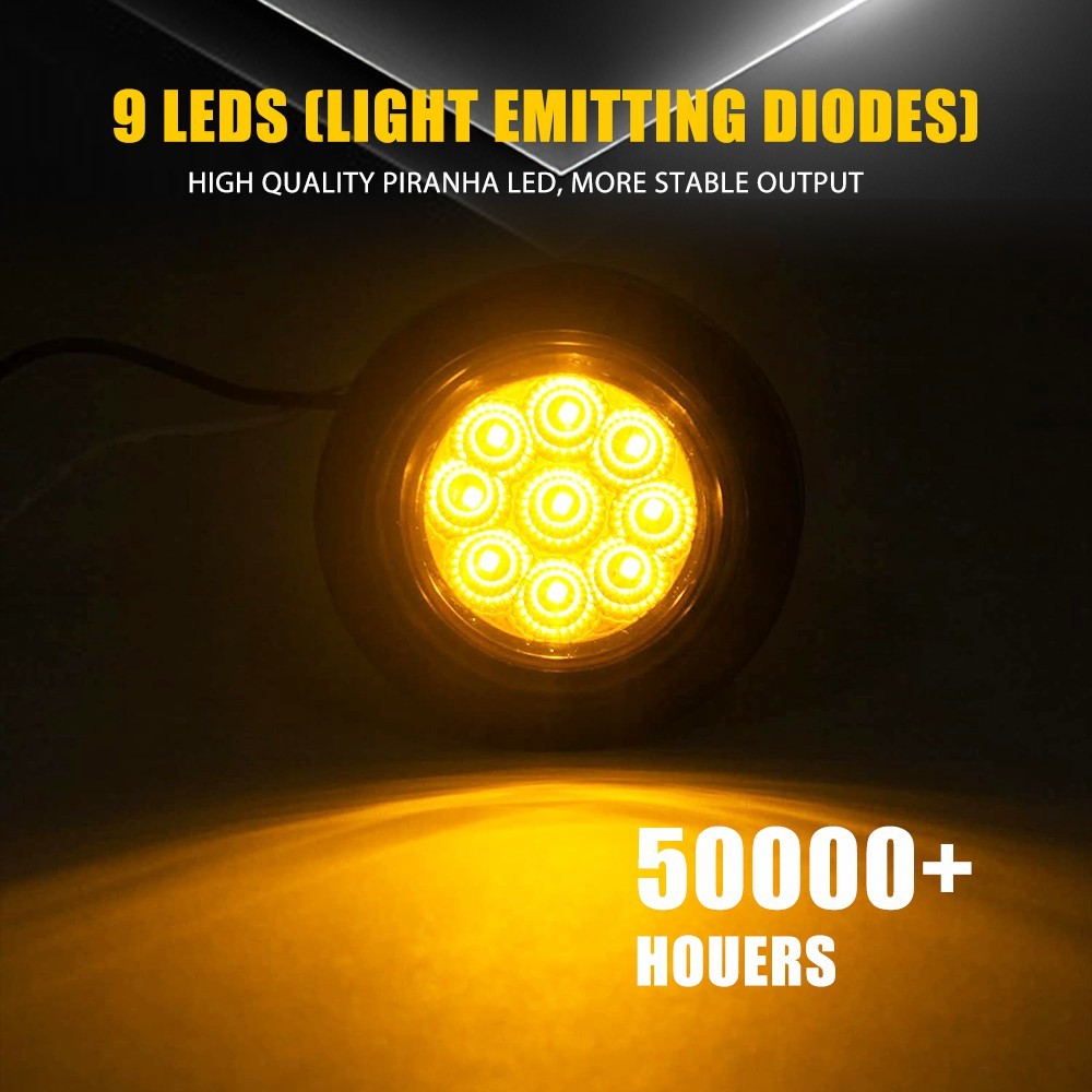 2″ Inch DOT Amber Round Trailer 9 LED Marker Lights Grommet Fit Truck RV 10-50X