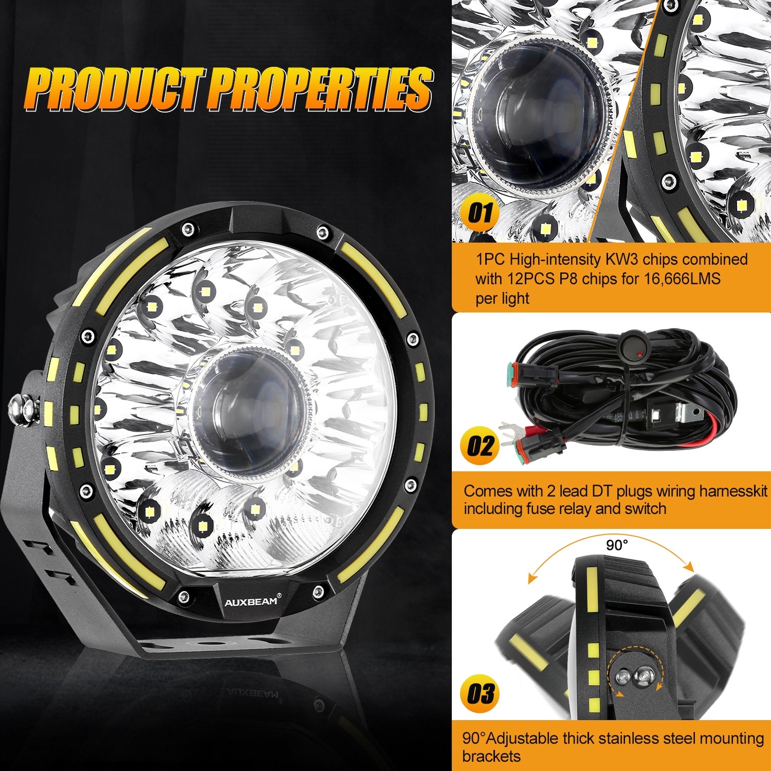 AUXBEAM 2pcs 7″ 360-Pro LED Pods Work Light Driving Fog Headlight Truck Off Road