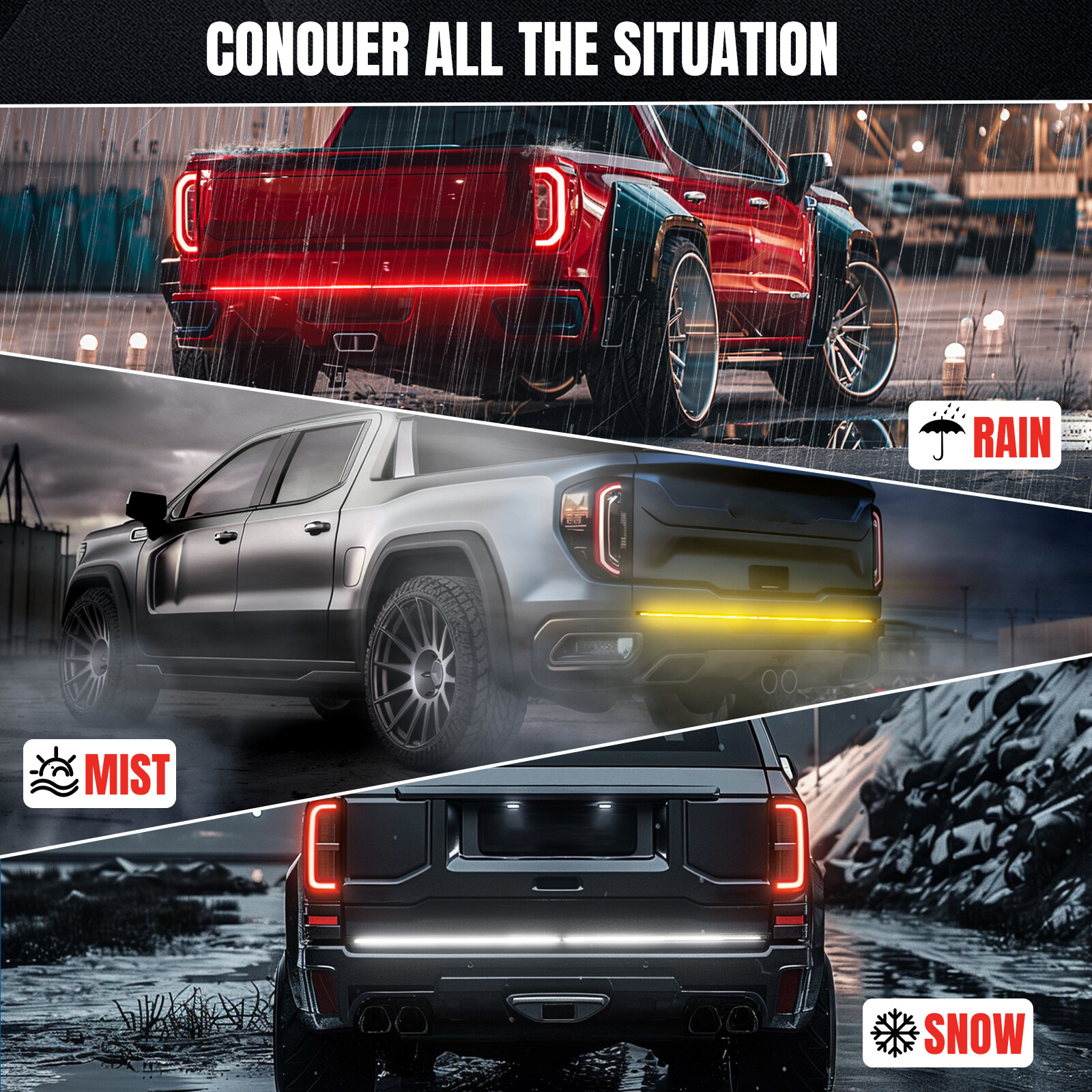 For Ford F150 60″ 3 Row LED Tailgate Strip Light Bar Reverse Brake Signal Strobe