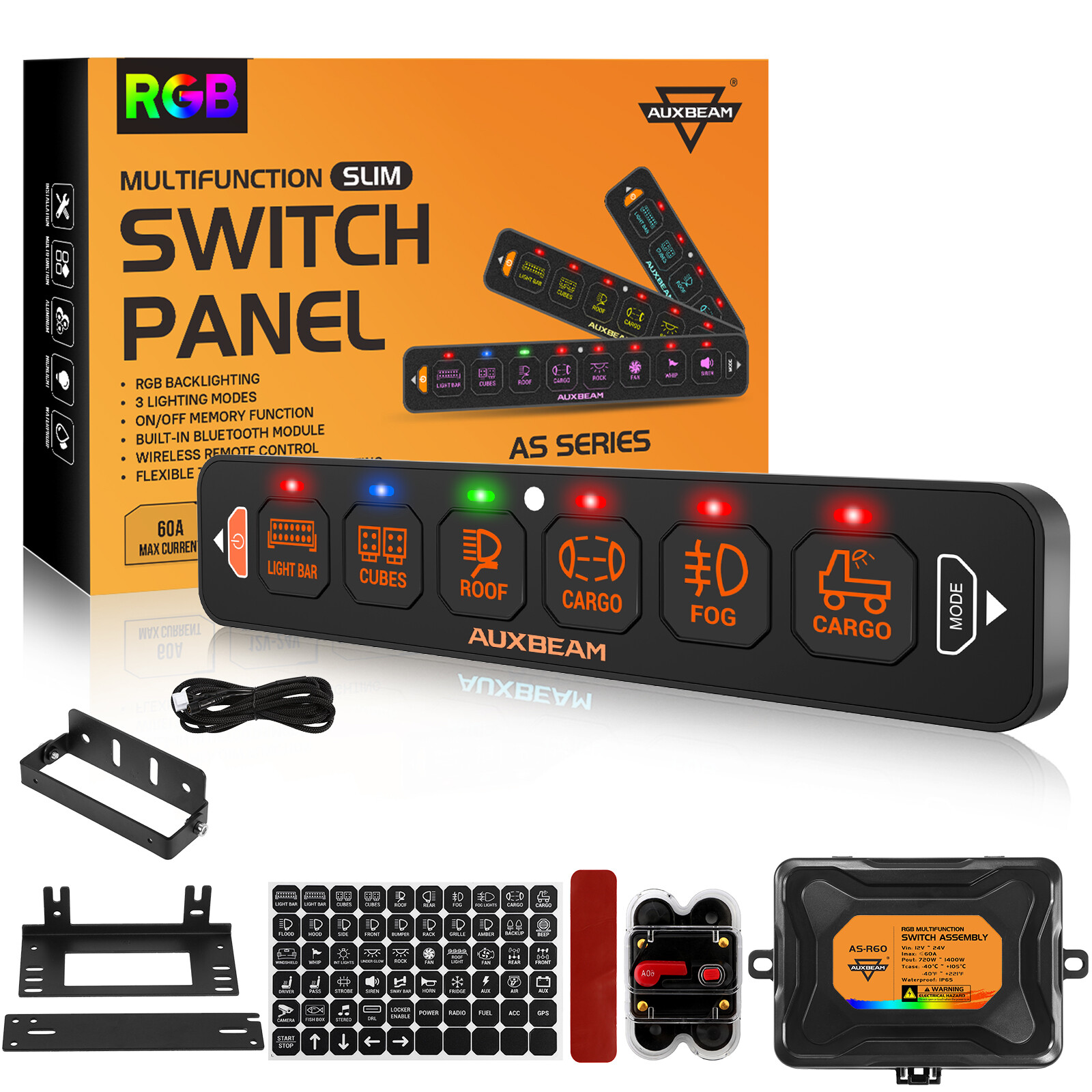 AUXBEAM 4/6 Gang RGB Slim Switch Panel Toggle LED Light Circuit Relay System Kit