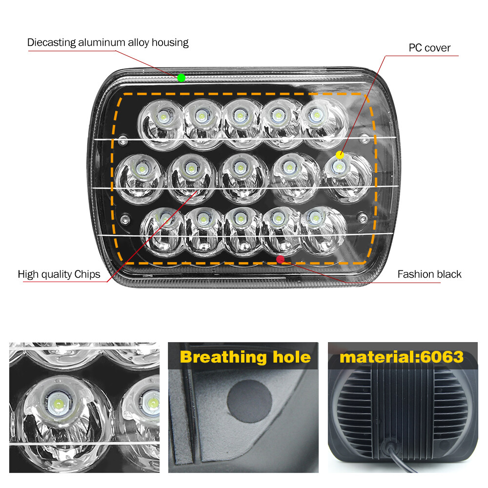 5X7 7×6 LED Headlight Hi/Lo For 1986-1995 Jeep Wrangler YJ 1984-2001 Cherokee XJ
