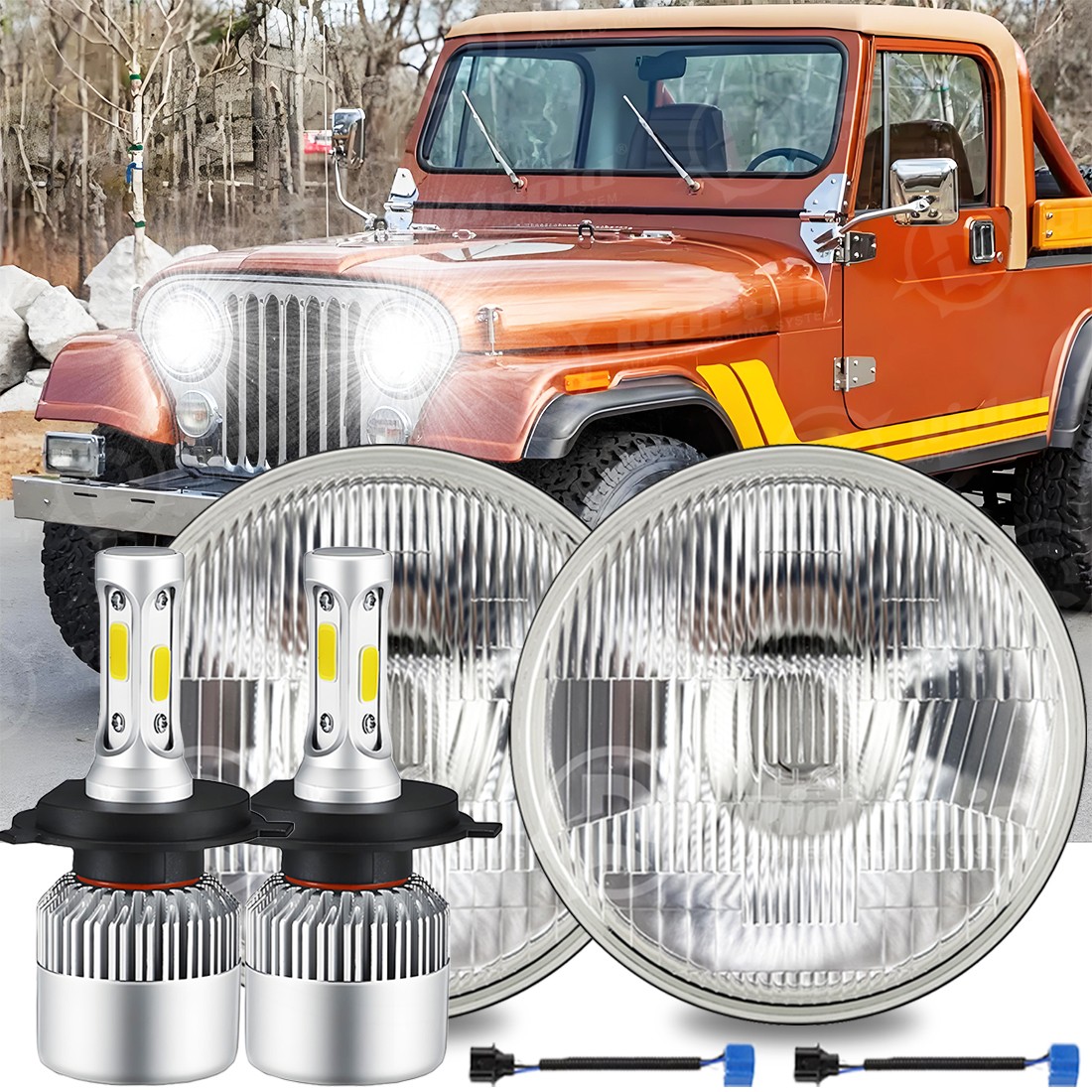 Pair 7″ inch Round LED Headlights H4 High-Low Beam For Jeep CJ5 1959-1982 1983