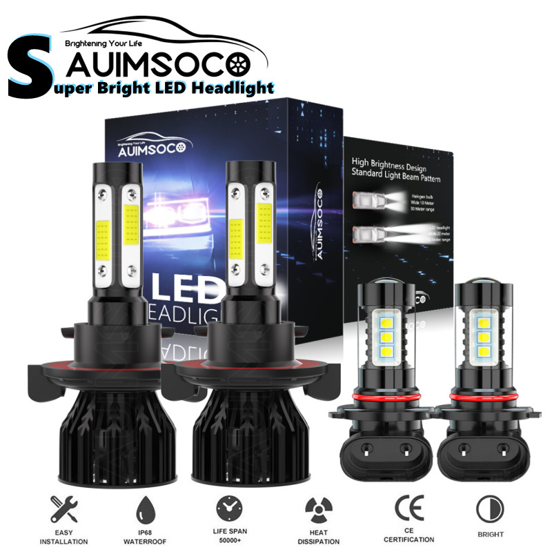 9008+9145 4-Sides LED Headlights Hi/Lo Beam + Fog Light Bulbs Super Bright White