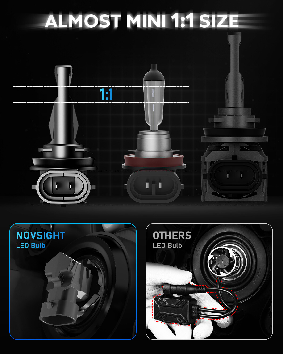2pc NOVSIGHT H11 LED Headlight Bulbs Kit 6500K Bright High Low Beam Lamp 16000LM