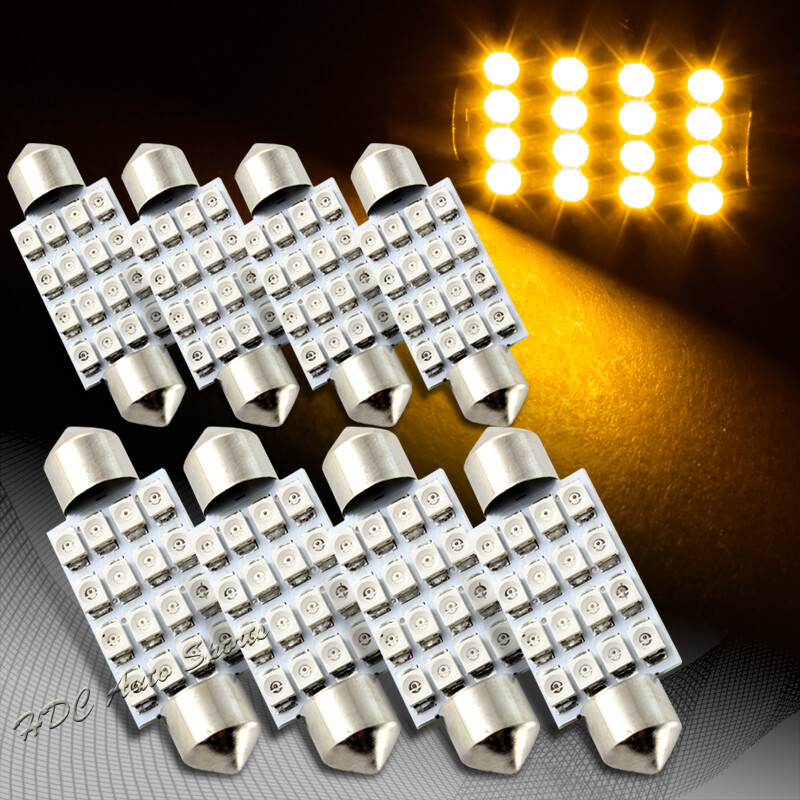8x 41mm 16 SMD Amber LED Festoon Dome Map Glove Box Trunk Replacement Light Bulb