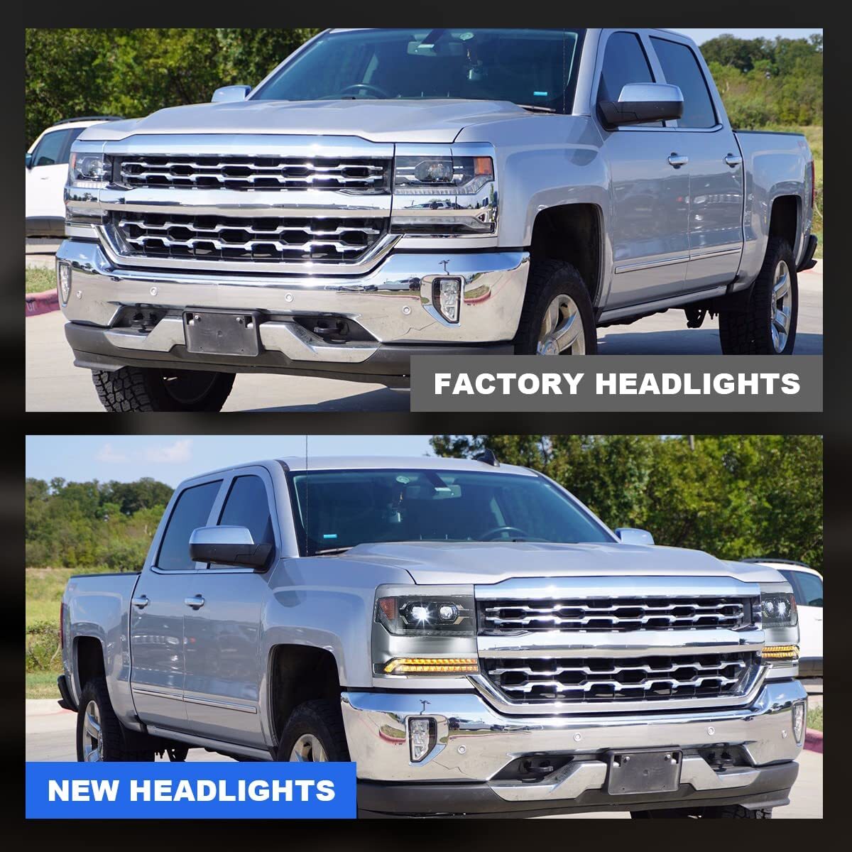 For 2016-2019 Chevy Silverado 1500 LED Headlights Chrome Trim Projector Headlamp